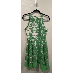 GREYLIN Green White Silk Sleeveless Halter Mini Dress